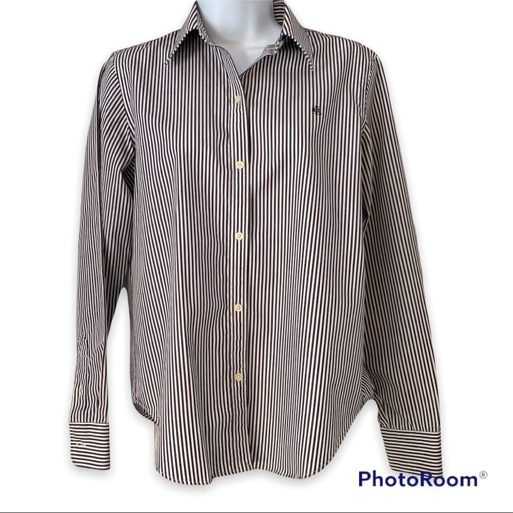 RALPH LAUREN Women's No-iron Navy Blue & White Striped Oxford Shirt SP